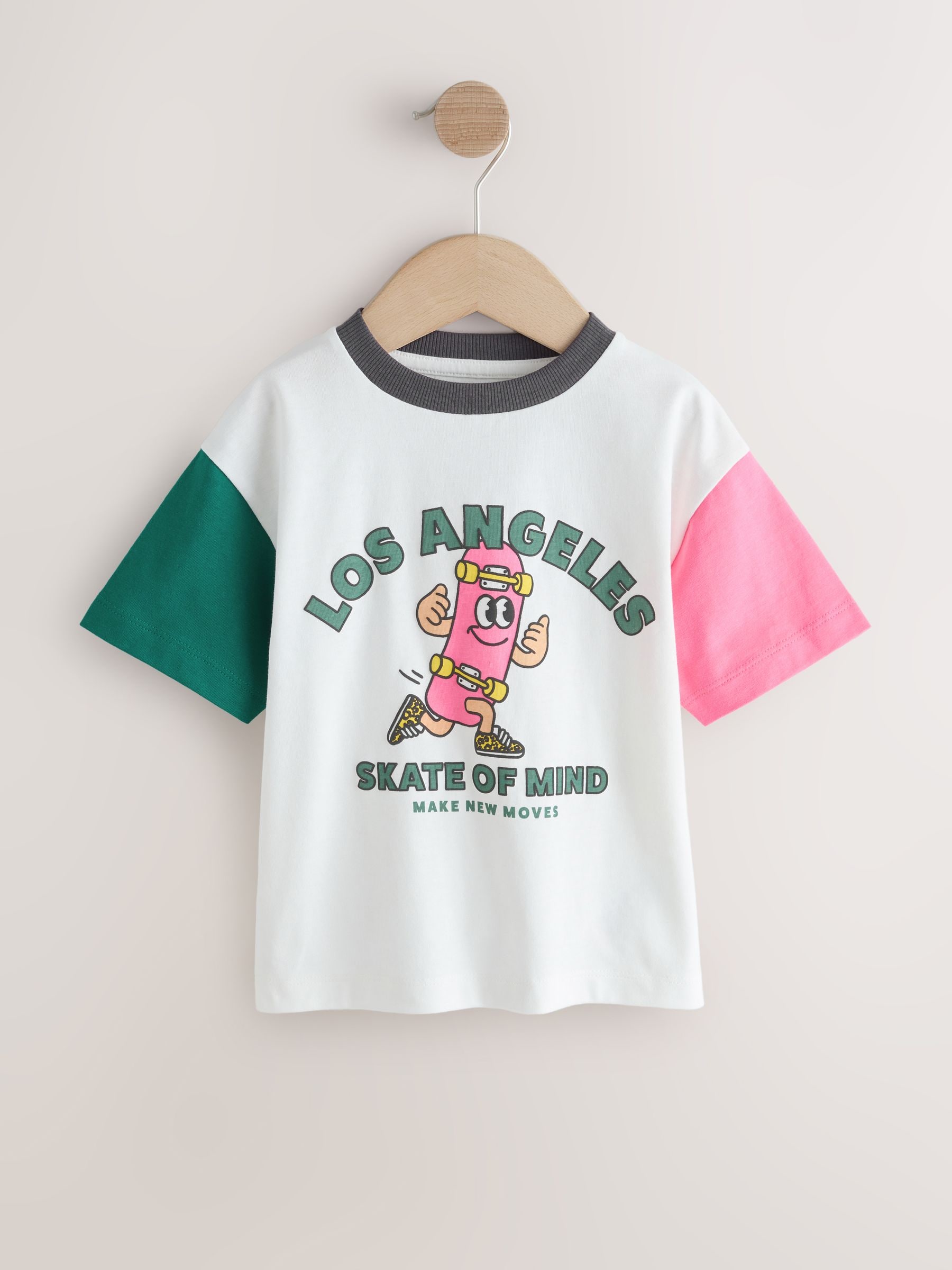 Buy White/Pink/Green Skateboard Short Sleeve Graphic T-Shirt