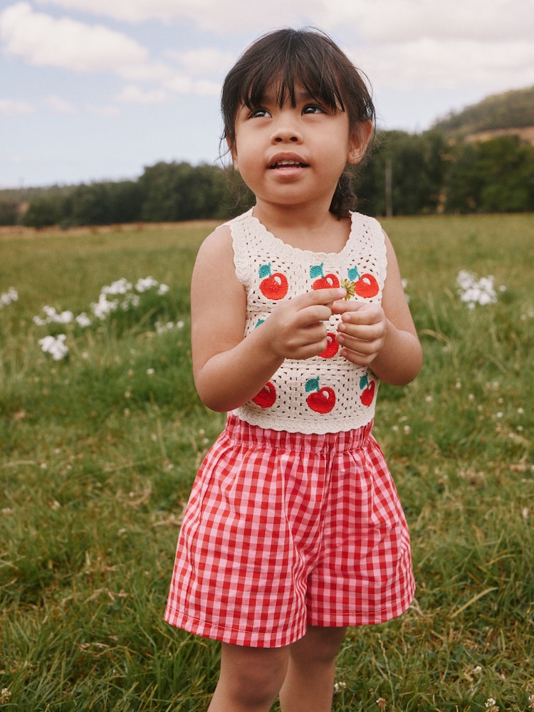 Roșu - Crochet Cherry Top With Gingham Shorts (12mths-7yrs) - Imaginea 1 din 8