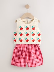 Roșu - Crochet Cherry Top With Gingham Shorts (12mths-7yrs) - Imaginea 5 din 8