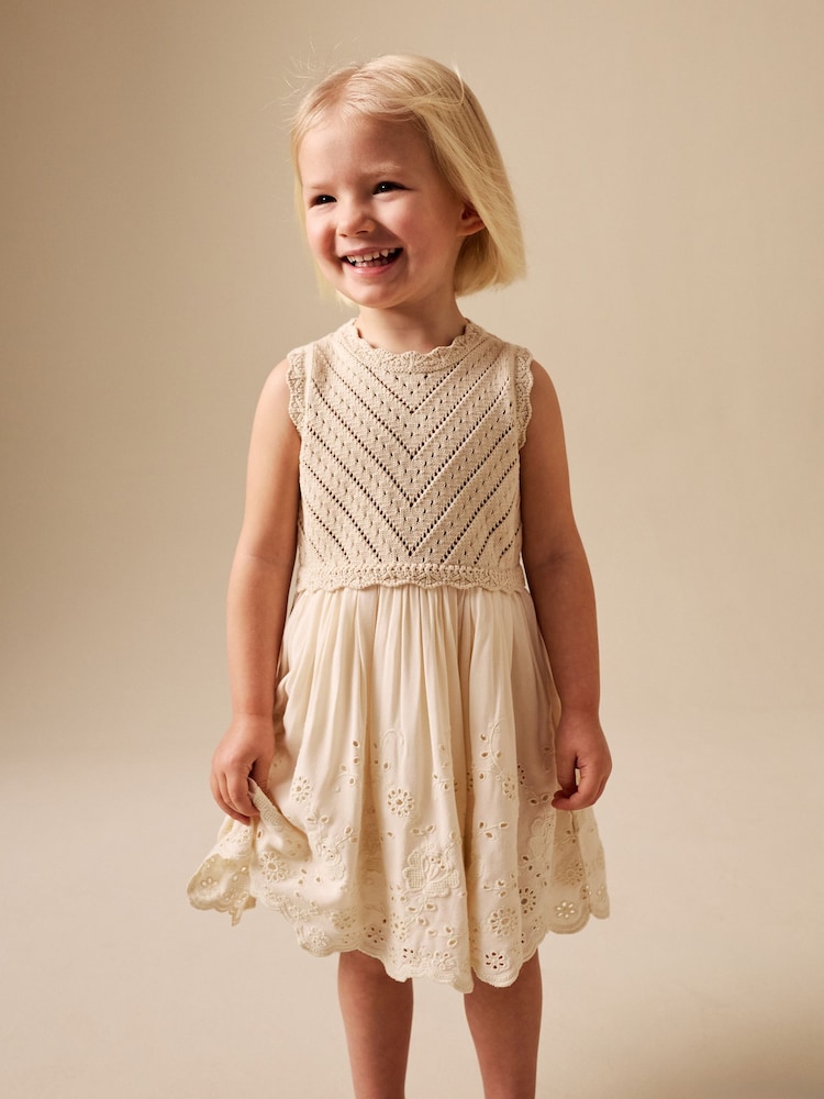 Ecru Embroidered pointelle Dress (3mths-7yrs) - Image 1 of 8 Ecru Embroidered pointelle Dress (3mths-7yrs) - Image 1 of 8