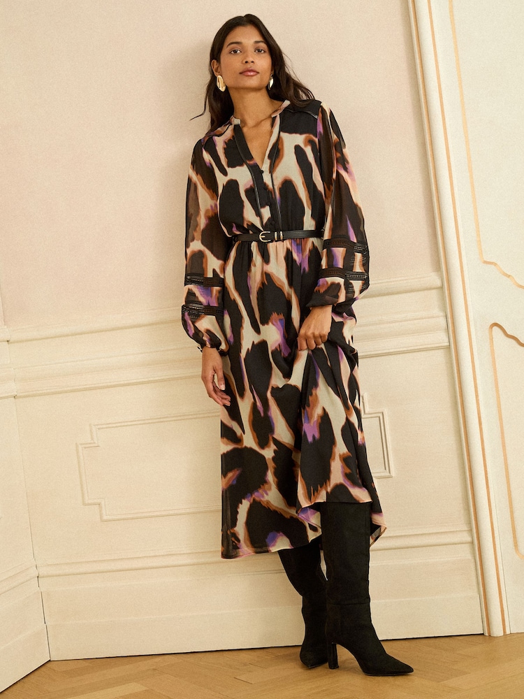 Love & Roses Ivory Animal PU Trim Midi Dress - Image 2 of 5