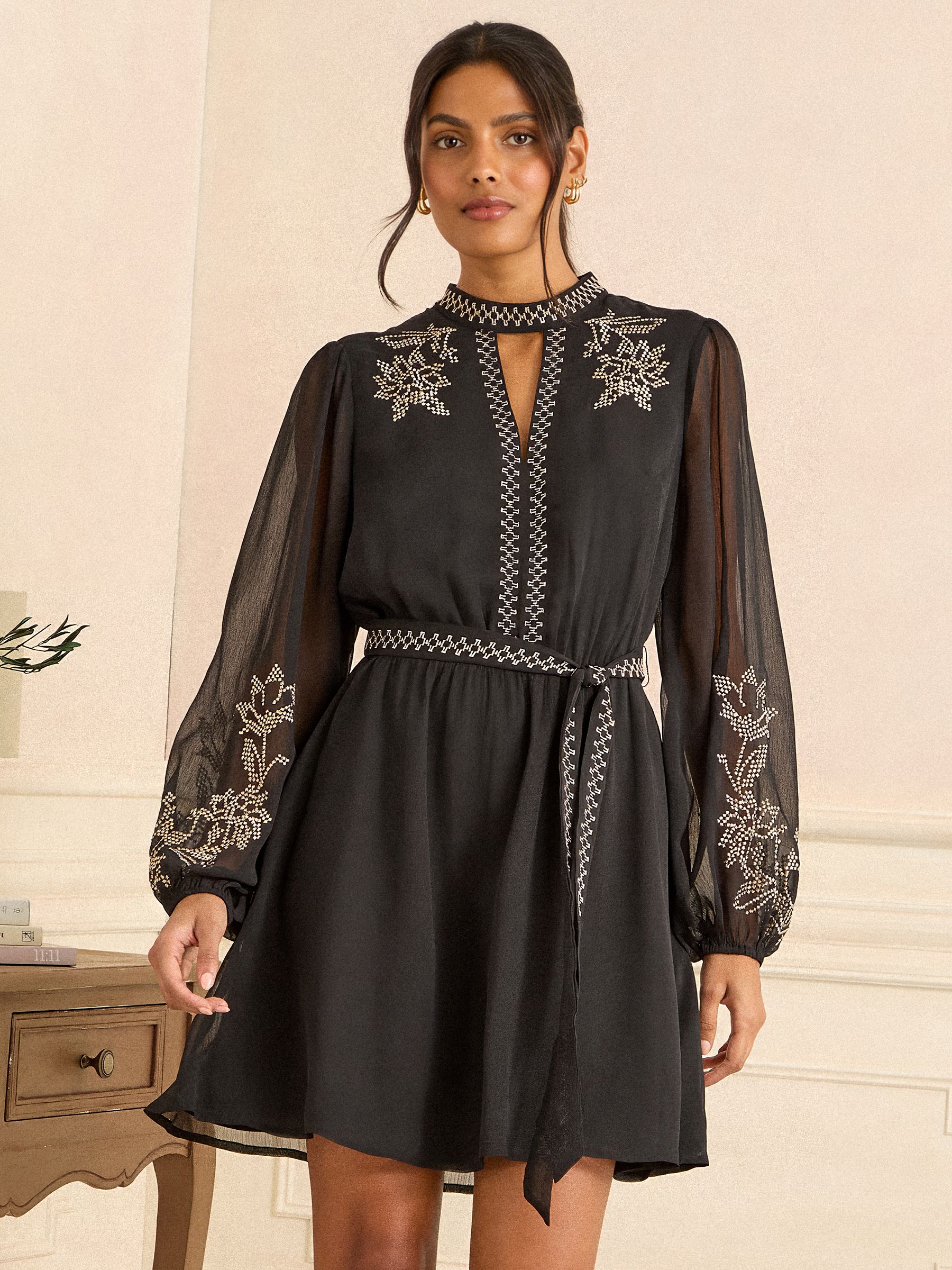 Buy Love & Roses Black Embroidered High Neck Mini Dress from the