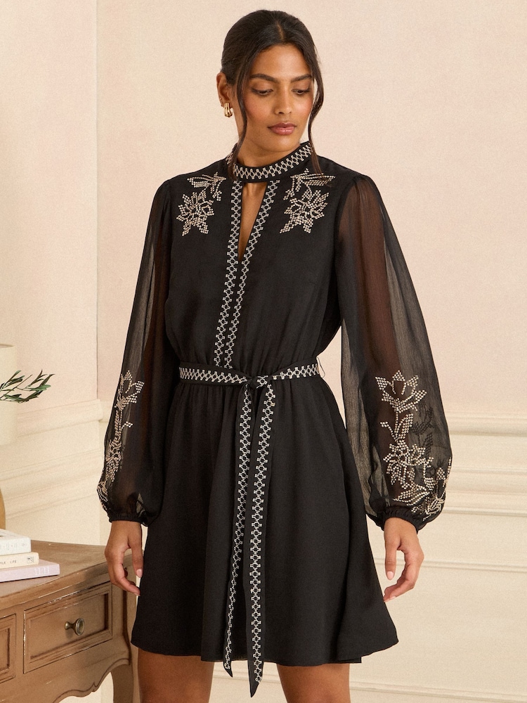 Love & Roses Black Embroidered High Neck Mini Dress - Image 2 of 4
