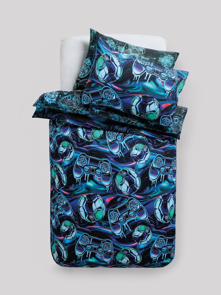 2 Pack Blue Navy Football/Gamer Duvet Cover and Pillowcases Set - Image 1 of 3