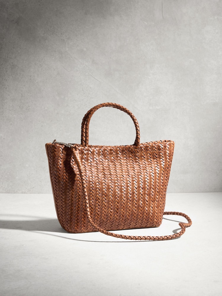Tan Brown Leather Weave Cross-Body Bag - Image 1 of 5 Tan Brown Leather Weave Cross-Body Bag - Image 1 of 5