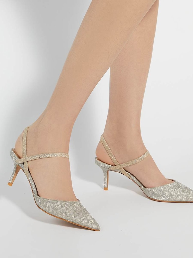 Dune London Gold Classical Elasticated Open Court Heels - Image 1 of 6