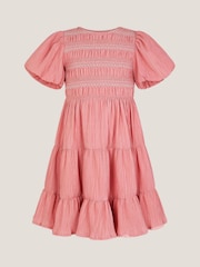 Monsoon Pink Smocked Puff Sleeve Dress - Image 2 of 4