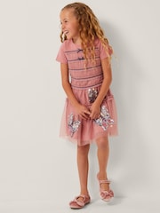 Monsoon Pink Sequin Butterfly Jersey Mesh Dress - Image 1 of 4