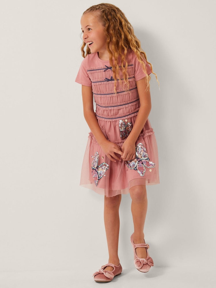 Monsoon Pink Sequin Butterfly Jersey Mesh Dress - Image 1 of 4