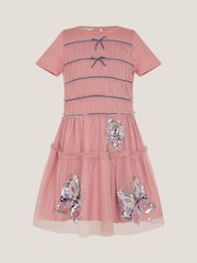 Monsoon Pink Sequin Butterfly Jersey Mesh Dress - Image 2 of 4