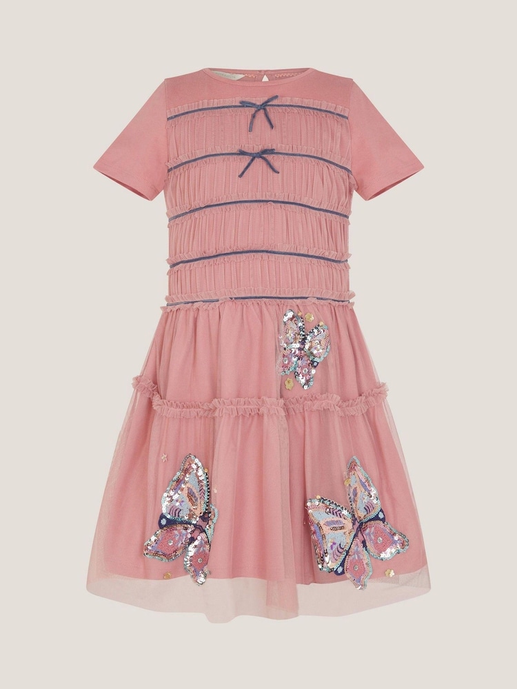 Monsoon Pink Sequin Butterfly Jersey Mesh Dress - Image 2 of 4