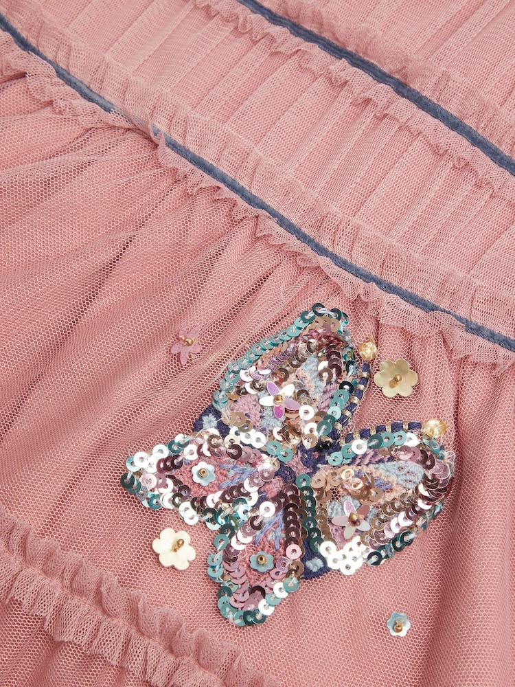 Monsoon Pink Sequin Butterfly Jersey Mesh Dress - Image 4 of 4