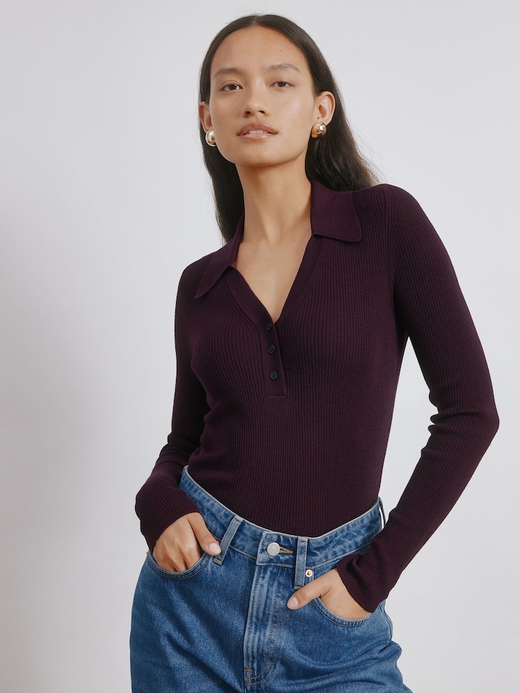Albaray Red Rib V-Neck Button Top - Image 1 of 4