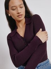 Albaray Red Rib V-Neck Button Top - Image 3 of 4
