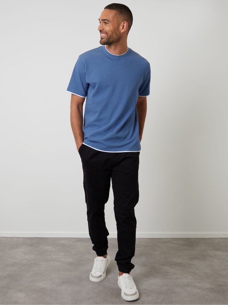 Threadbare Ensign Blue Mock Layer Crew Neck Popcorn Textured T-Shirt - Image 4 of 4