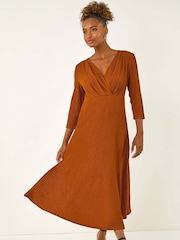 Roman Orange Textured Wrap Midi Dress - Image 2 of 5
