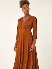 Roman Orange Textured Wrap Midi Dress - Image 4 of 5