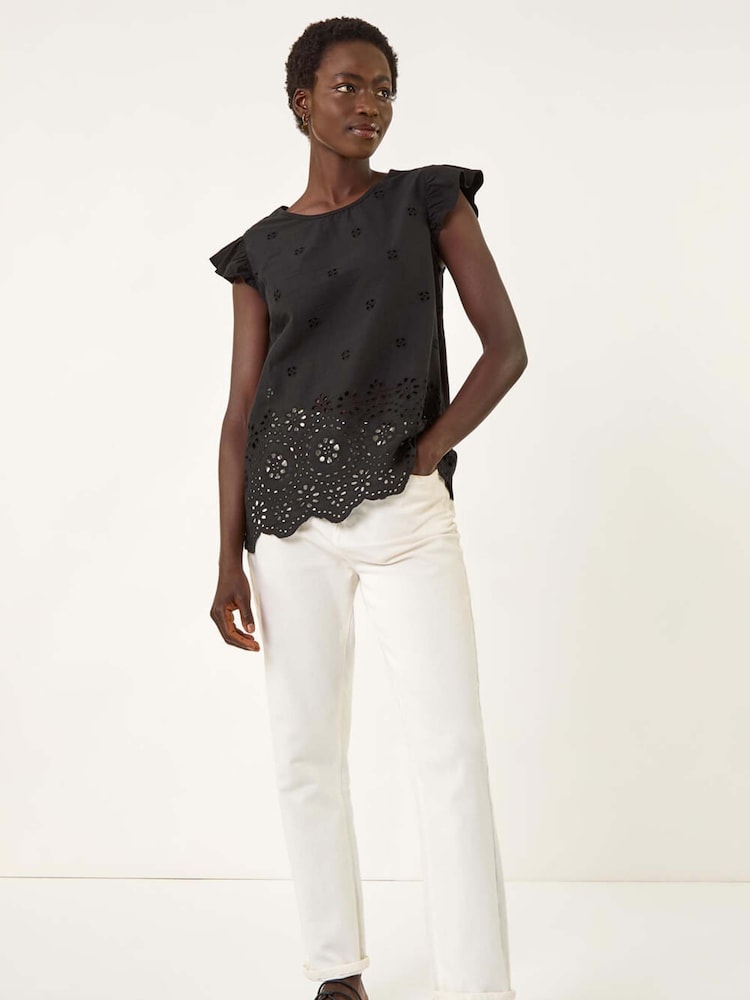 Roman Black Broderie Hem Stretch Blouse - Image 2 of 5