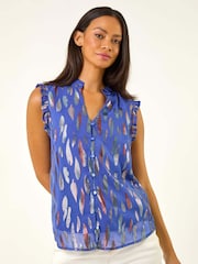 Roman Blue Foil Print Sleeveless Blouse - Image 4 of 5