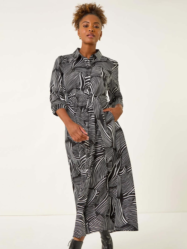 Roman Black Abstract Print Midi Shirt Dress - Image 2 of 5