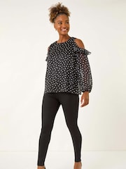 Roman Black Spot Print Frill Cold Shoulder Blouse - Image 2 of 5
