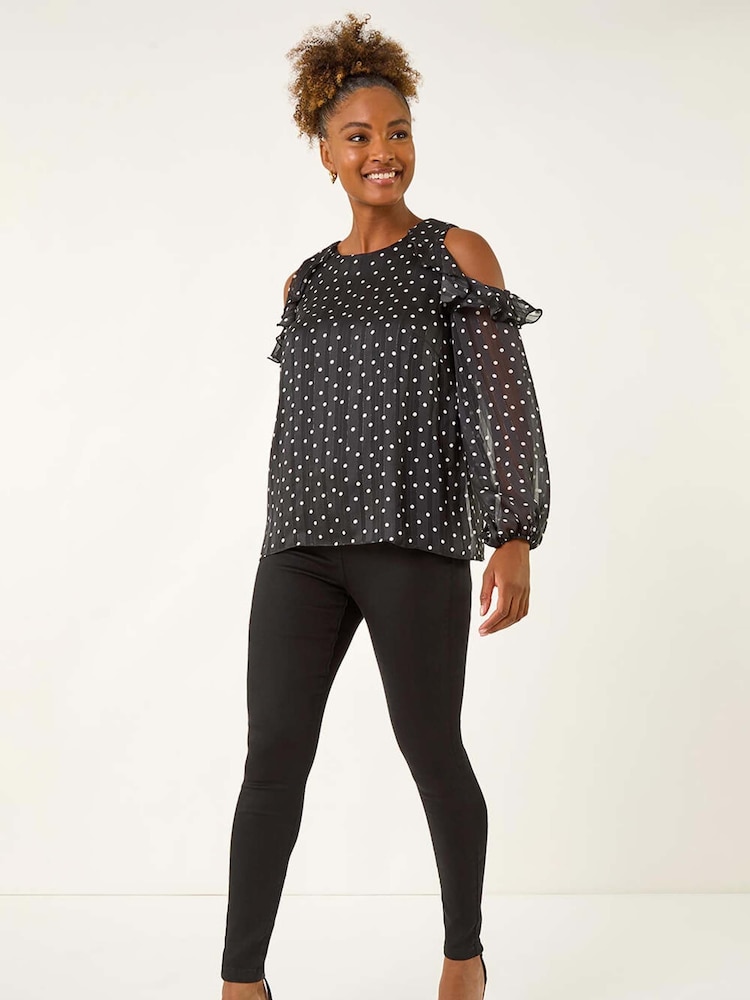 Roman Black Spot Print Frill Cold Shoulder Blouse - Image 2 of 5