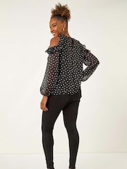 Roman Black Spot Print Frill Cold Shoulder Blouse - Image 3 of 5