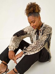 Roman Black Animal Print Tie Neck Pleated Blouse - Image 1 of 5