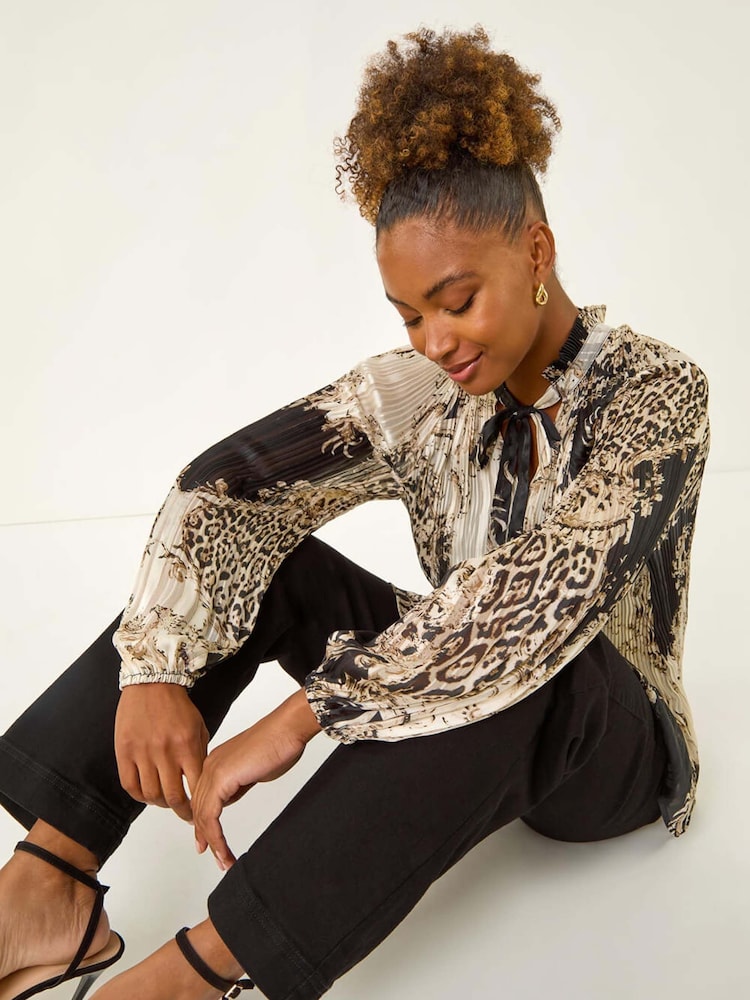 Roman Black Animal Print Tie Neck Pleated Blouse - Image 1 of 5 Roman Black Animal Print Tie Neck Pleated Blouse - Image 1 of 5