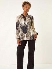 Roman Black Animal Print Tie Neck Pleated Blouse - Image 2 of 5