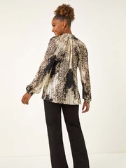 Roman Black Animal Print Tie Neck Pleated Blouse - Image 3 of 5