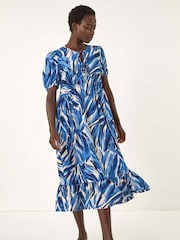Azul - Vestido smock com estampa abstrata Roman Print e amarração frontal Tie - Imagem 2 de 5