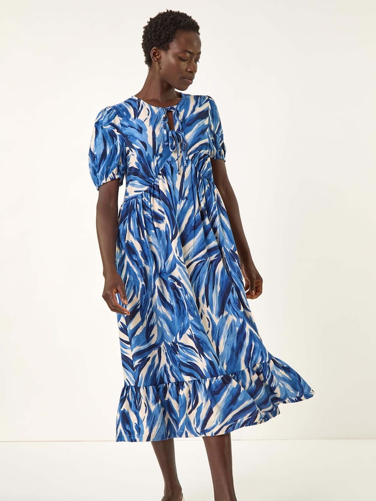 Azul - Vestido smock com estampa abstrata Roman Print e amarração frontal Tie - Imagem 2 de 5
