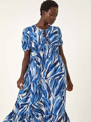 Azul - Vestido smock com estampa abstrata Roman Print e amarração frontal Tie - Imagem 4 de 5
