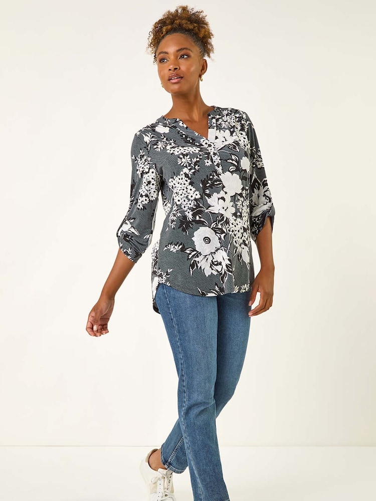 Roman Grey Floral Print Puff Print Stretch Blouse - Image 1 of 5