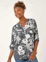 Roman Grey Floral Print Puff Print Stretch Blouse - Image 2 of 5