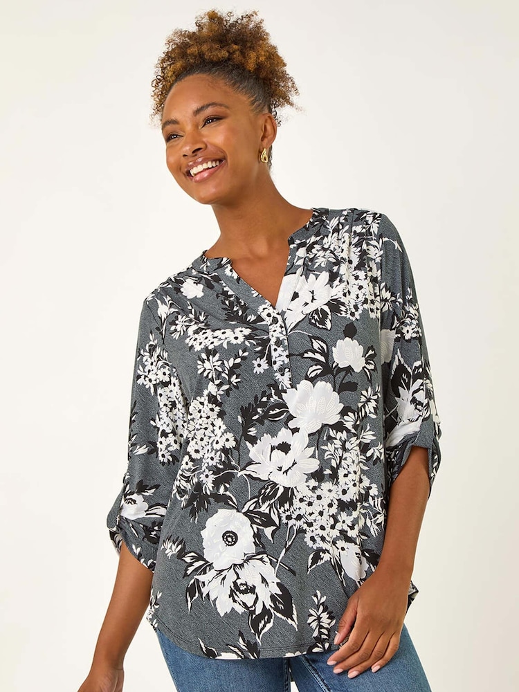 Roman Grey Floral Print Puff Print Stretch Blouse - Image 2 of 5
