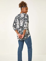 Roman Grey Floral Print Puff Print Stretch Blouse - Image 3 of 5