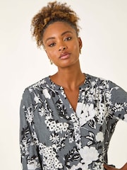 Roman Grey Floral Print Puff Print Stretch Blouse - Image 4 of 5