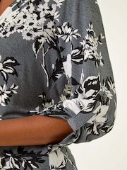 Roman Grey Floral Print Puff Print Stretch Blouse - Image 5 of 5