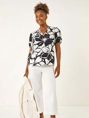 Roman Black Floral Print Mono Print V-Neck Blouse - Image 2 of 5