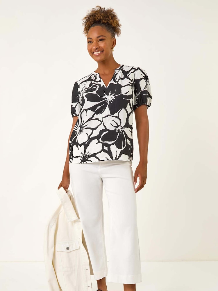 Roman Black Floral Print Mono Print V-Neck Blouse - Image 2 of 5