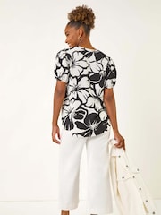 Roman Black Floral Print Mono Print V-Neck Blouse - Image 3 of 5