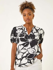 Roman Black Floral Print Mono Print V-Neck Blouse - Image 4 of 5