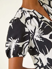Roman Black Floral Print Mono Print V-Neck Blouse - Image 5 of 5