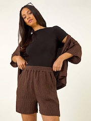 Roman Brown Textured Elastic Waist Woven Shorts - Image 1 of 5