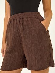 Roman Brown Textured Elastic Waist Woven Shorts - Image 5 of 5