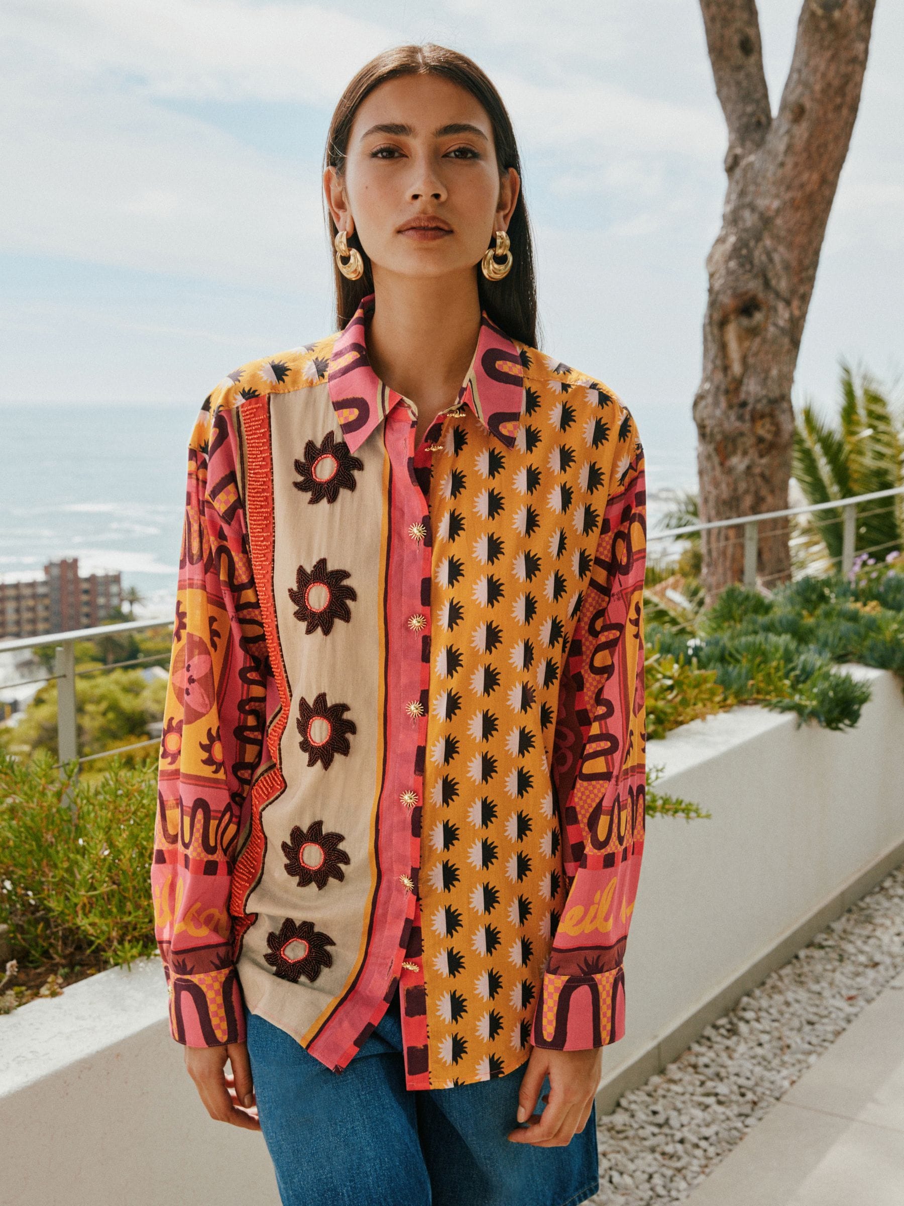 Buy Red/Orange Sun Geometric Print Relaxed Long Sleeve Cotton