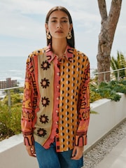 Red/Orange Sun Geometric Print Relaxed Long Sleeve Cotton Lightweight Shirt - Image 4 of 7