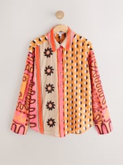 Red/Orange Sun Geometric Print Relaxed Long Sleeve Cotton Lightweight Shirt - Image 5 of 7